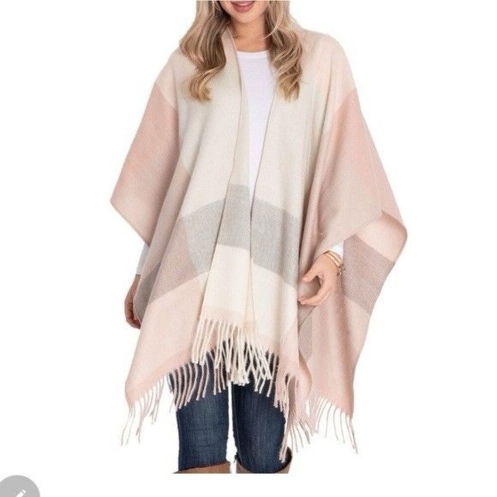 Woolrich Shawl Womens One Size Pink Gray White Plaid Blanket Wrap Poncho Fringe